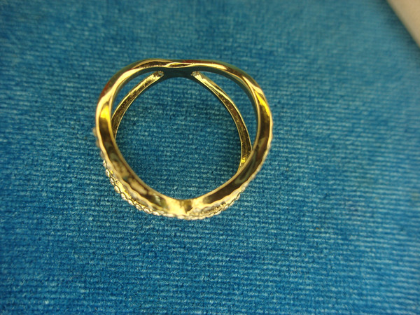 Gold Tone Ring with Round Brilliants - Size 8 3/4,  Unique X Design