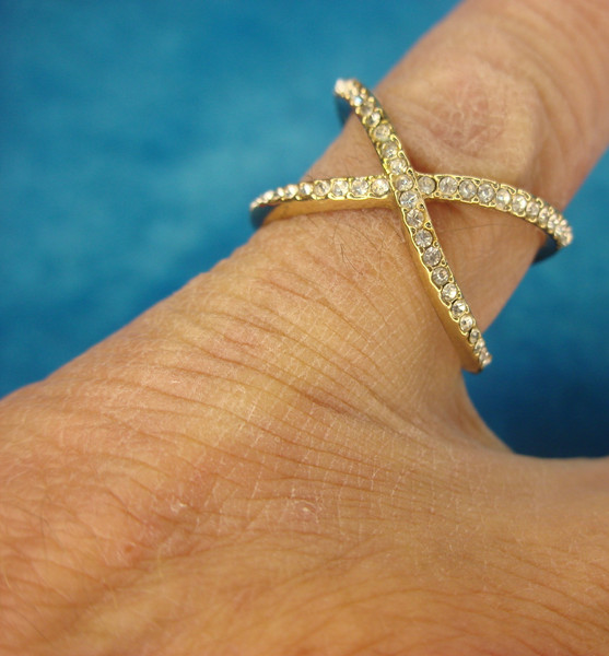 Gold Tone Ring with Round Brilliants - Size 8 3/4,  Unique X Design