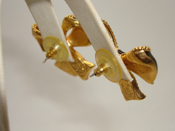 Vintage Kenneth J. Lane for Avon Enamel Bow Earrings - Black & Gold-Tone