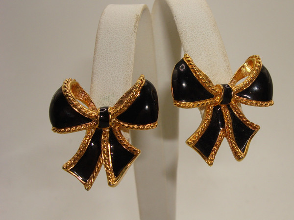 Vintage Kenneth J. Lane for Avon Enamel Bow Earrings - Black & Gold-Tone