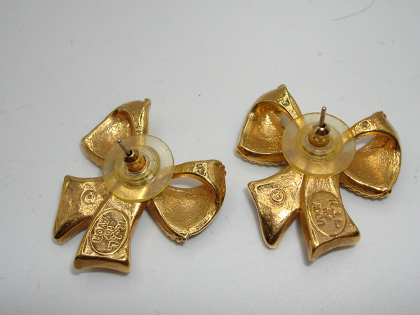 Vintage Kenneth J. Lane for Avon Enamel Bow Earrings - Black & Gold-Tone