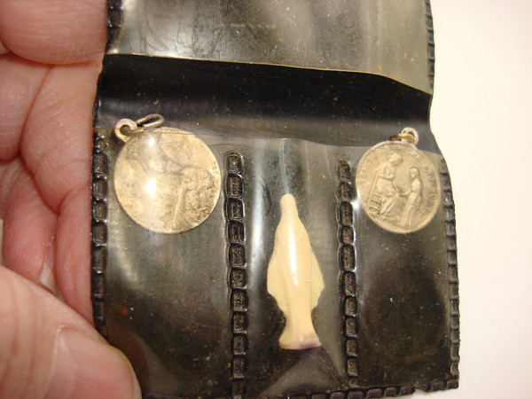 Antique French Travel Set: St. Benedict, Guardian Angel & Virgin Mary Silver Tone Medals