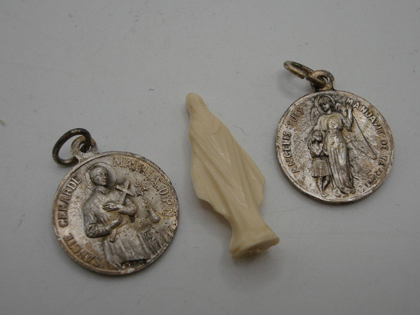 Antique French Travel Set: St. Benedict, Guardian Angel & Virgin Mary Silver Tone Medals