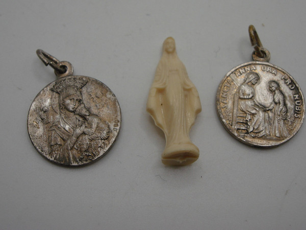 Antique French Travel Set: St. Benedict, Guardian Angel & Virgin Mary Silver Tone Medals