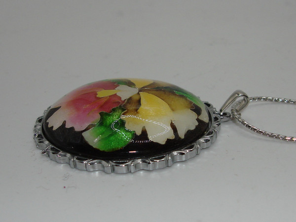 Vintage Japanese Cloisonne Ginbari Enamel Pansy Floral Necklace (Silver, 22