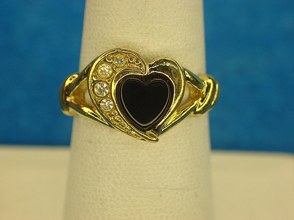 Vintage Avon Gold Tone Heart Ring w/ Faux Onyx & Brilliants - Size 7