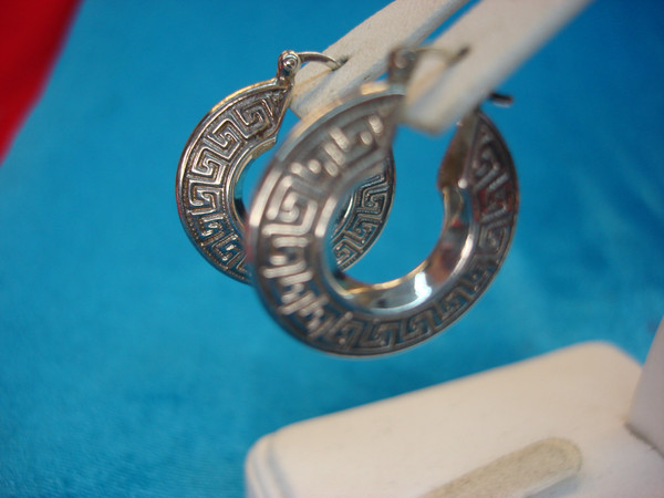 Sterling Silver Greek Key Puffy Earrings - Pre-Owned, Excellent Condition