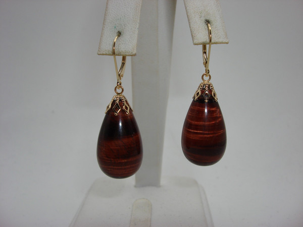 Stunning 14K Gold Tiger's Eye Dangle Earrings - Near Mint Condition