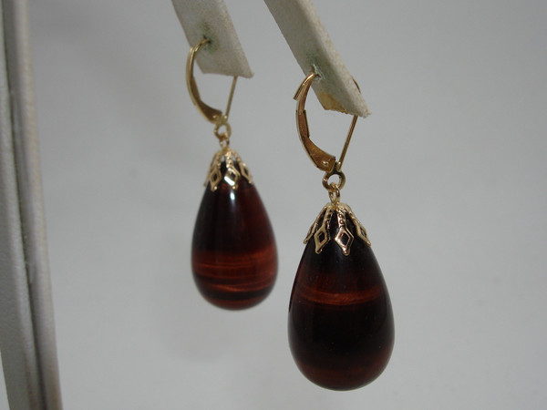 Stunning 14K Gold Tiger's Eye Dangle Earrings - Near Mint Condition