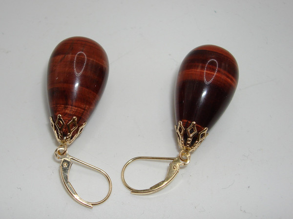 Stunning 14K Gold Tiger's Eye Dangle Earrings - Near Mint Condition