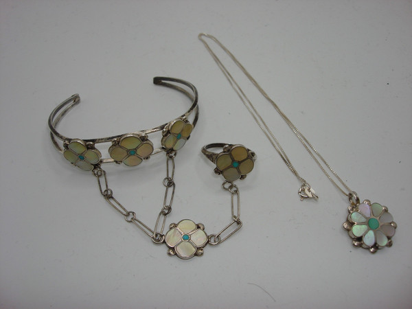 Vintage Zuni Sterling Silver MOP & Turquoise Cuff Bracelet Set with Ring & Necklace