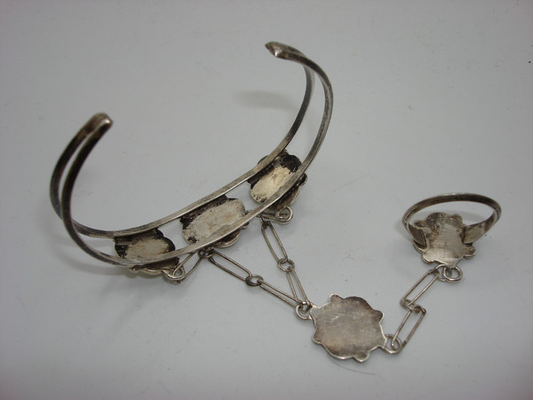 Vintage Zuni Sterling Silver MOP & Turquoise Cuff Bracelet Set with Ring & Necklace