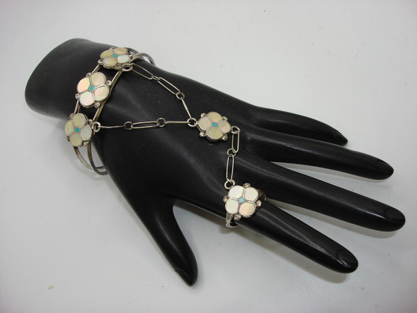 Vintage Zuni Sterling Silver MOP & Turquoise Cuff Bracelet Set with Ring & Necklace