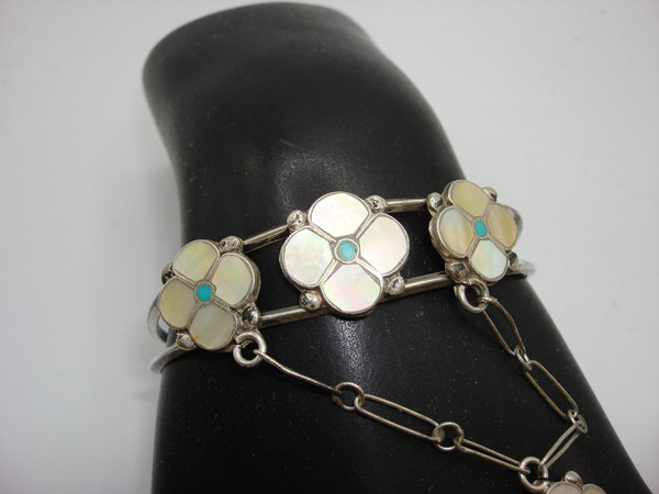 Vintage Zuni Sterling Silver MOP & Turquoise Cuff Bracelet Set with Ring & Necklace