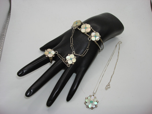Vintage Zuni Sterling Silver MOP & Turquoise Cuff Bracelet Set with Ring & Necklace