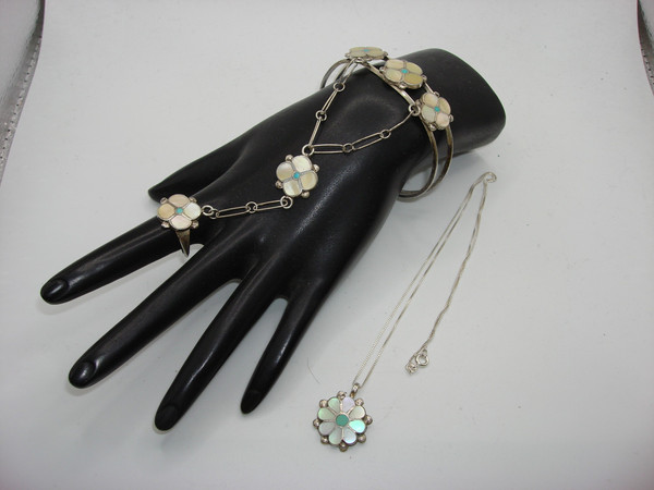 Vintage Zuni Sterling Silver MOP & Turquoise Cuff Bracelet Set with Ring & Necklace