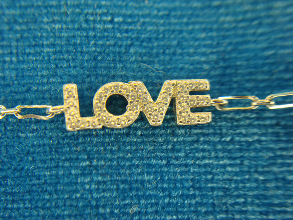 Sterling Silver 'LOVE' Anklet with Diamonds - Adjustable 9-10 Inches