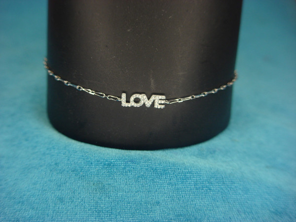 Sterling Silver 'LOVE' Anklet with Diamonds - Adjustable 9-10 Inches