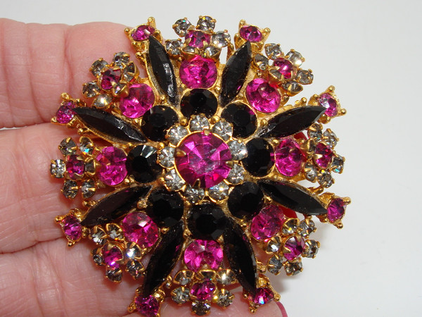 Vintage Rhinestone Brooch - Pink, Black & Clear Foiled Stones (Gold Tone)