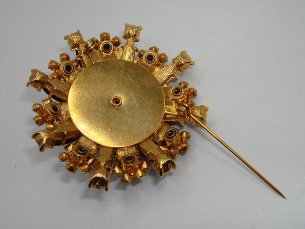 Vintage Rhinestone Brooch - Pink, Black & Clear Foiled Stones (Gold Tone)