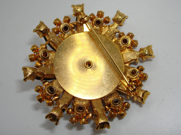 Vintage Rhinestone Brooch - Pink, Black & Clear Foiled Stones (Gold Tone)