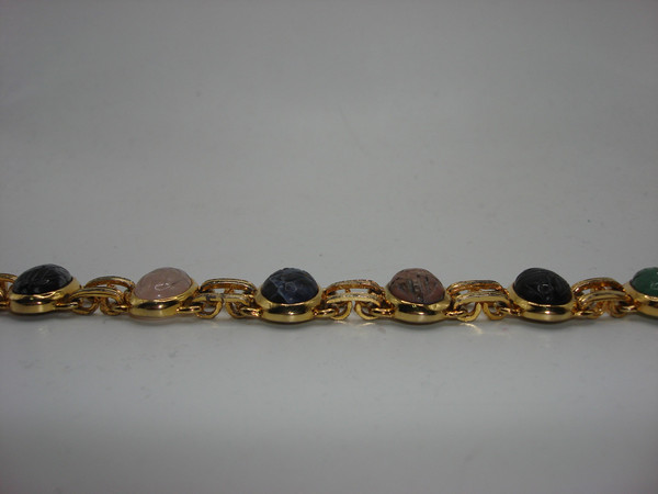 Vintage Gold Tone Scarab Bracelet & Earrings Set - Genuine Carved Scarabs