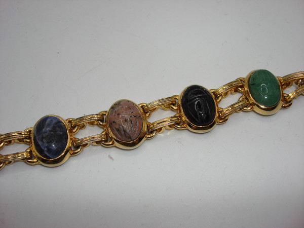 Vintage Gold Tone Scarab Bracelet & Earrings Set - Genuine Carved Scarabs