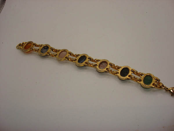 Vintage Gold Tone Scarab Bracelet & Earrings Set - Genuine Carved Scarabs