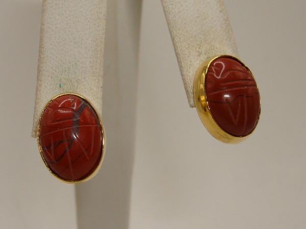 Vintage Gold Tone Scarab Bracelet & Earrings Set - Genuine Carved Scarabs