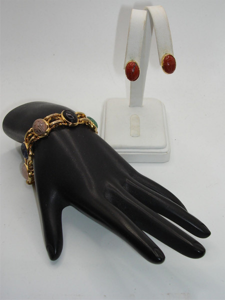 Vintage Gold Tone Scarab Bracelet & Earrings Set - Genuine Carved Scarabs