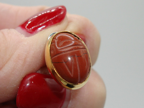 Vintage Gold Tone Scarab Bracelet & Earrings Set - Genuine Carved Scarabs