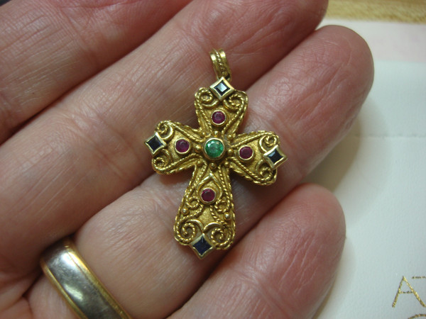 Stunning 18K Gold Reversible Cross with Diamonds & Gemstones (Greece) - $5489