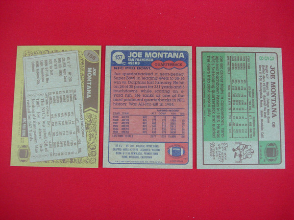 Vintage Joe Montana Topps Football Card Lot (1984, 1985, 1986) San Francisco 49ers