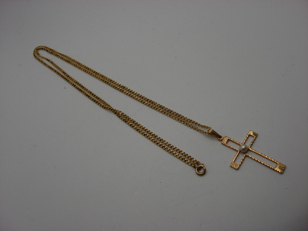 Vintage Rodell Gold-Filled Pearl Cross Necklace & Earrings Set - New In Box!