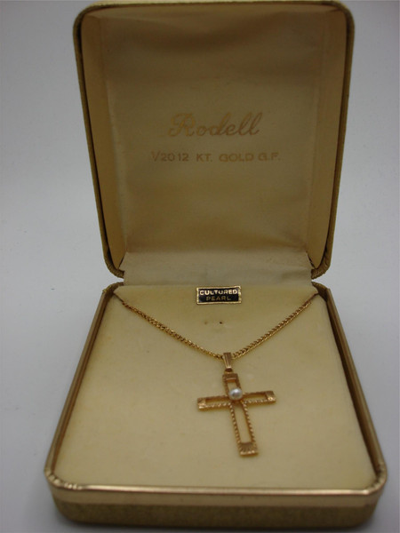 Vintage Rodell Gold-Filled Pearl Cross Necklace & Earrings Set - New In Box!