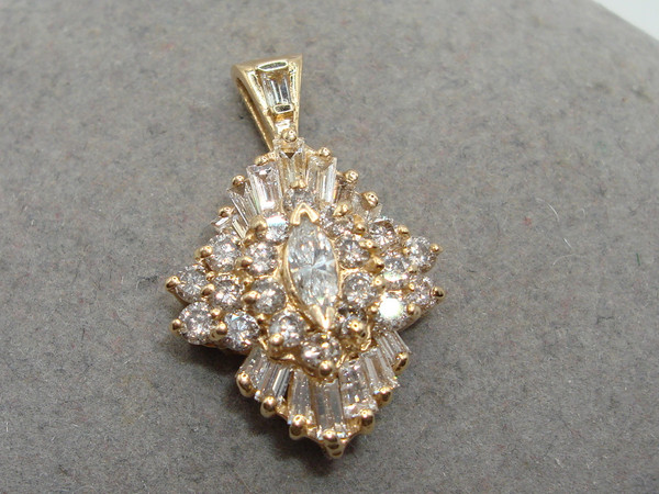 14K Gold Diamond Pendant - 1ctw Baguette & Round Diamonds - SI2, G/H Color