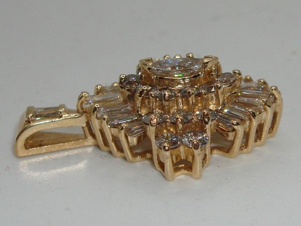 14K Gold Diamond Pendant - 1ctw Baguette & Round Diamonds - SI2, G/H Color