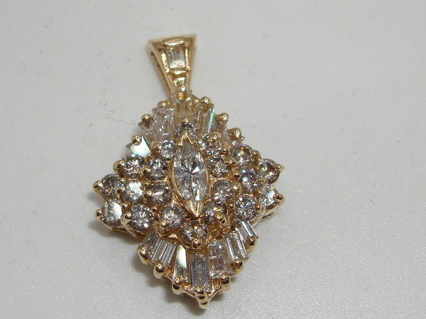 14K Gold Diamond Pendant - 1ctw Baguette & Round Diamonds - SI2, G/H Color
