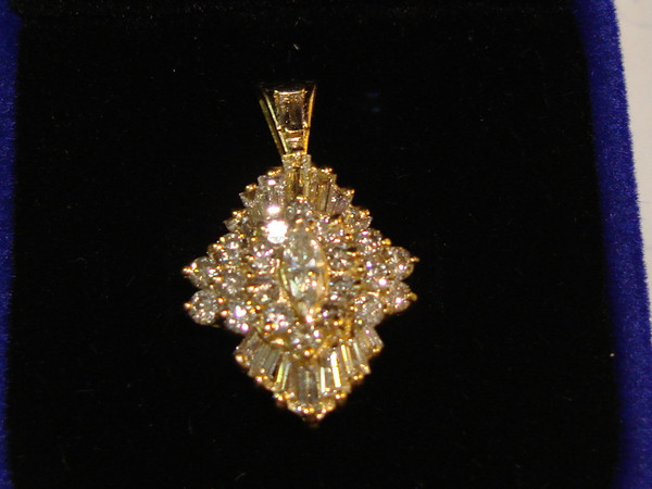 14K Gold Diamond Pendant - 1ctw Baguette & Round Diamonds - SI2, G/H Color