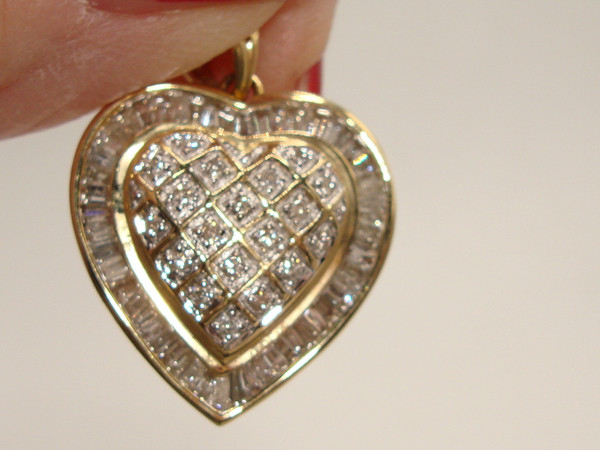 14K Gold Diamond Heart Pendant - 1ctw SI2 Clarity - Brilliant Baguette & Round Diamonds