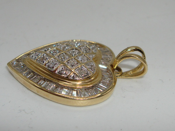 14K Gold Diamond Heart Pendant - 1ctw SI2 Clarity - Brilliant Baguette & Round Diamonds