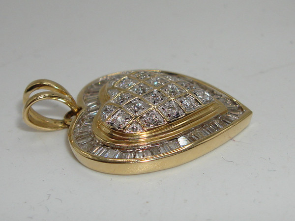 14K Gold Diamond Heart Pendant - 1ctw SI2 Clarity - Brilliant Baguette & Round Diamonds