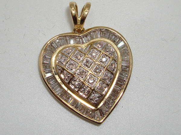 14K Gold Diamond Heart Pendant - 1ctw SI2 Clarity - Brilliant Baguette & Round Diamonds