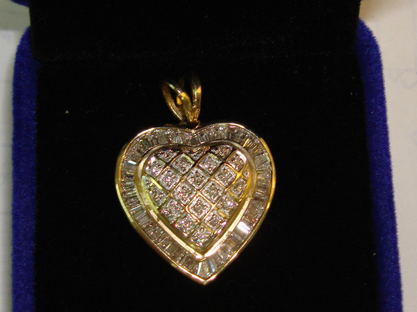 14K Gold Diamond Heart Pendant - 1ctw SI2 Clarity - Brilliant Baguette & Round Diamonds