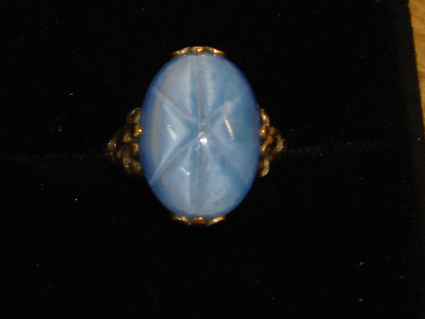 Vintage Clark & Coombs Gold Filled Art Glass Ring - Blue Stone, Size 7 1/4