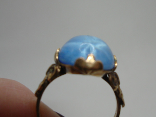 Vintage Clark & Coombs Gold Filled Art Glass Ring - Blue Stone, Size 7 1/4