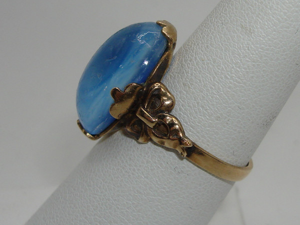 Vintage Clark & Coombs Gold Filled Art Glass Ring - Blue Stone, Size 7 1/4