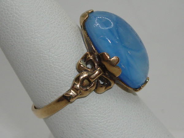 Vintage Clark & Coombs Gold Filled Art Glass Ring - Blue Stone, Size 7 1/4