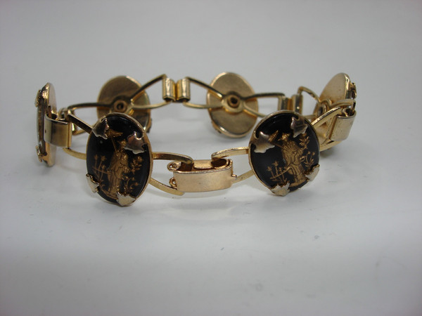 Vintage 1960s Asian-Inspired Reverse Carved Glass Bracelet - Gold Tone, Estate Find