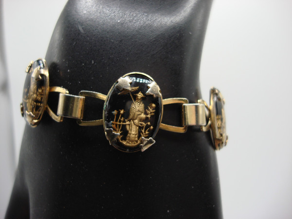Vintage 1960s Asian-Inspired Reverse Carved Glass Bracelet - Gold Tone, Estate Find
